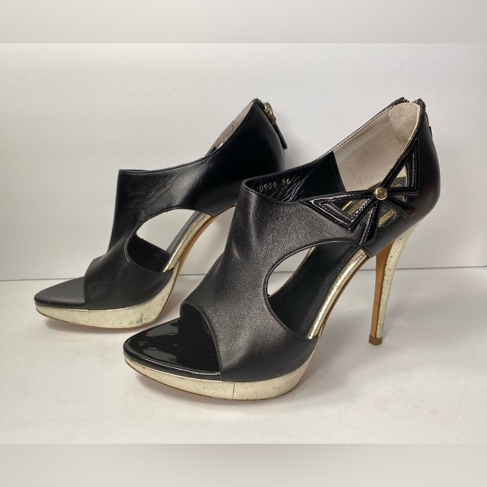 Christian Dior Lolita open toe leather pumps heels black pale gold 36